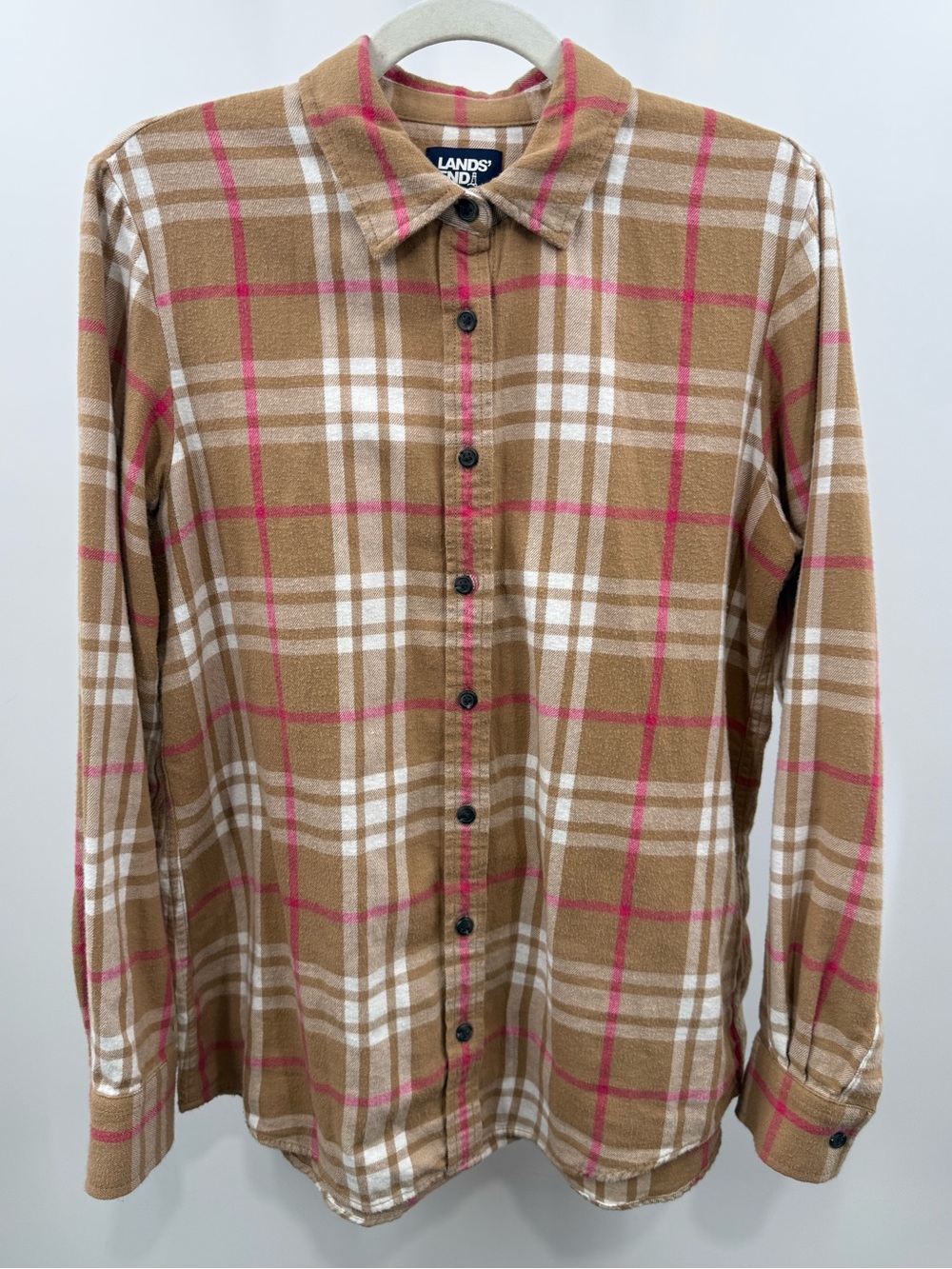 Lands' End Plaid Button Down Shirt Camel Pink Cream Long Sleeve Cotton Size M
